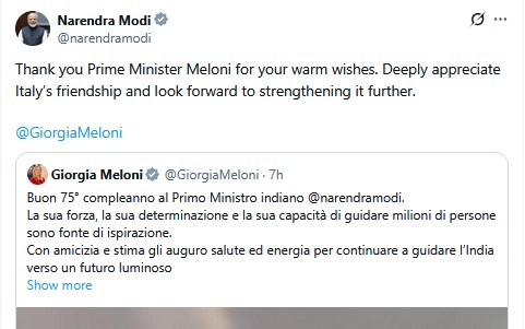 নরেন্দ্র মোদির ৭৫তম জন্মদিনে ইতালির প্রধানমন্ত্রীর শুভেচ্ছা